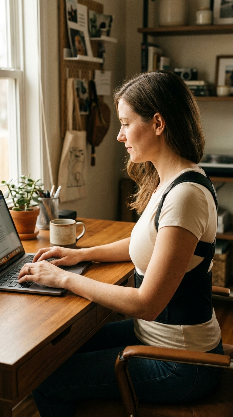 Woman sitting upright at desk with good posture
